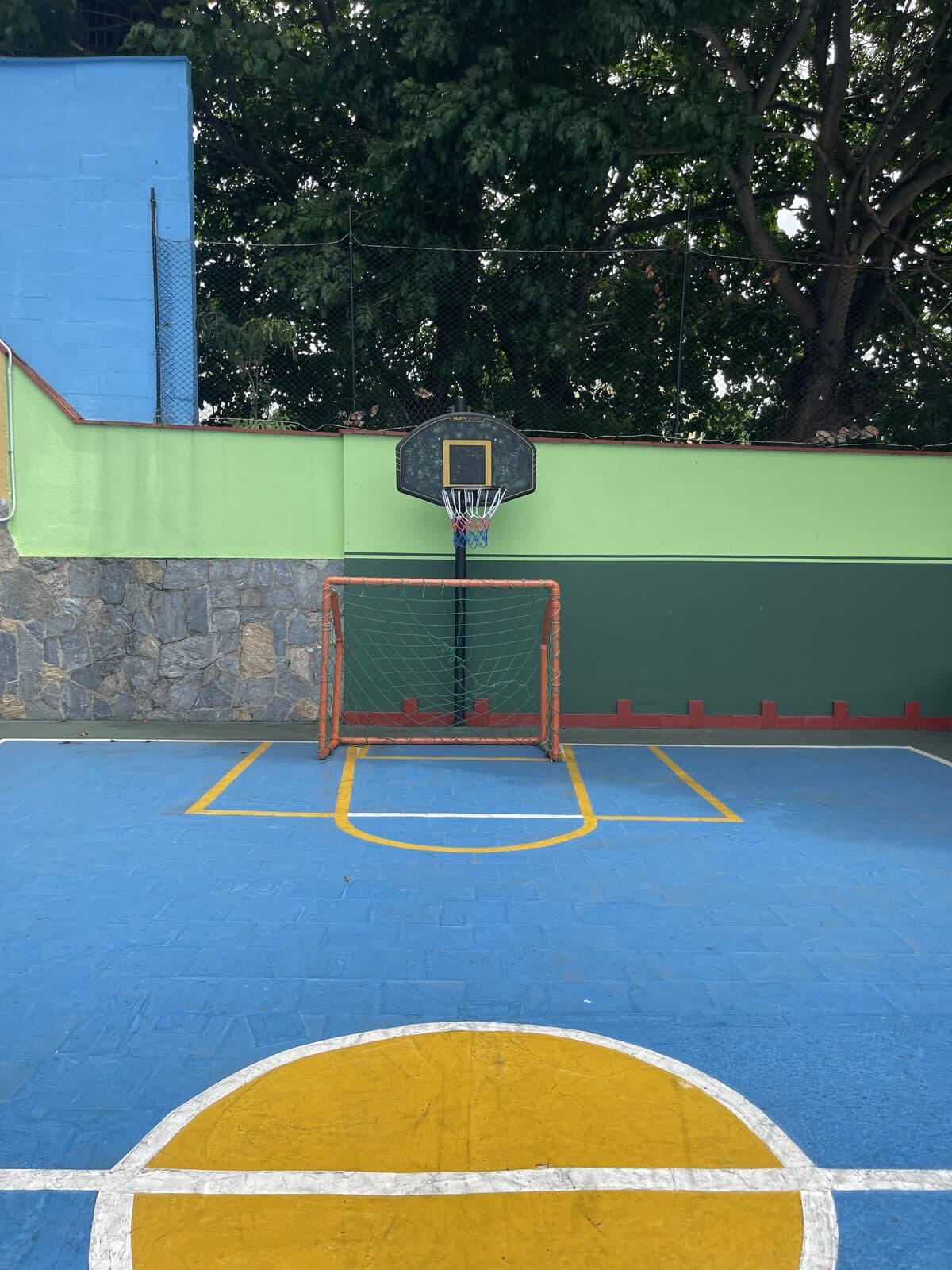 Cancha deportiva del colegio con canasta y líneas de colores